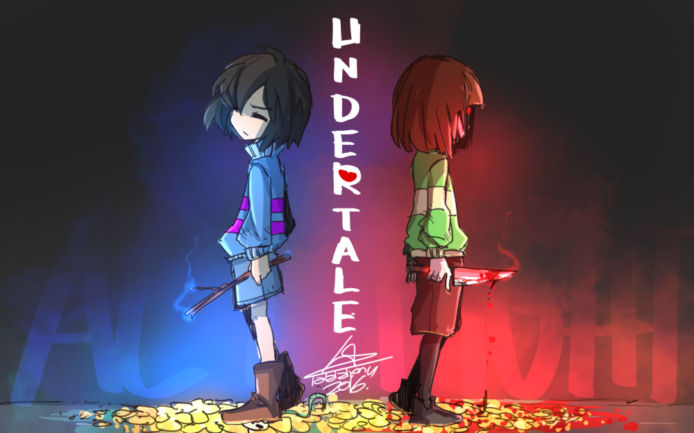 2016, androgynous, artist_name, back-to-back, blood, bloody_knife, bloody_weapon, boots, brown_hair, chara_(undertale), closed_eyes, copyright_name, dagger, field, flower, flower_bed, flower_field, flowey_(undertale), frisk_(undertale), full_body, knife, lalalaleng, long_sleeves, shoes, shorts, signature, spoilers, standing, stepped_on, stick, striped, striped_sweater, sweater, undertale, weapon