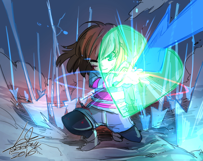 2016, androgynous, artist_name, barrier, blood, blue_eyes, brown_hair, directional_arrow, dutch_angle, energy_shield, energy_spear, energy_weapon, frisk_(undertale), full_body, heart, holding_arm, injury, lalalaleng, one_eye_closed, polearm, shirt, shorts, signature, smoke, solo, spear, squatting, striped, striped_shirt, sweat, undertale, weapon
