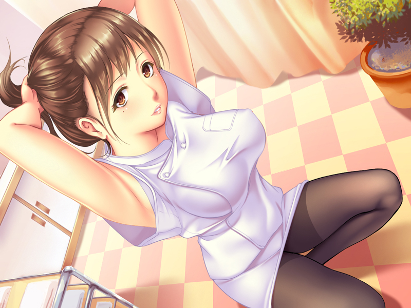 1girl, adjusting_hair, amasa-hikae, armpit_peek, bent_knees, black_legwear, breasts, brown_eyes
