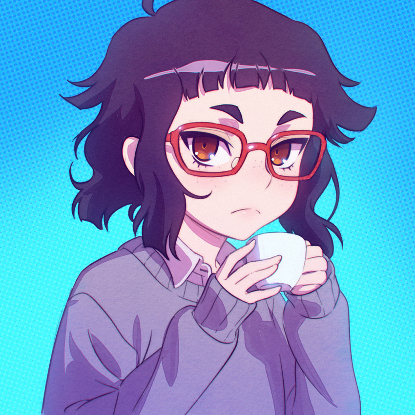 1girl, ahoge, bangs, black_hair, blue_background, blunt_bangs, blush, brown_eyes