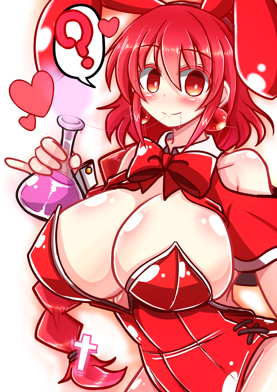1girl, ?, animal_ears, braid, breasts, bunny_girl, bunnysuit, cleavage, cross, earrings, fake_animal_ears, flask, heart, highres, huge_breasts, jewelry, leotard, long_hair, looking_at_viewer, okazaki_yumemi, rabbit_ears, red_eyes, redhead, rindou_(p41neko), saliva, saliva_trail, solo, spoken_question_mark, strapless, strapless_leotard, touhou, touhou_(pc-98)