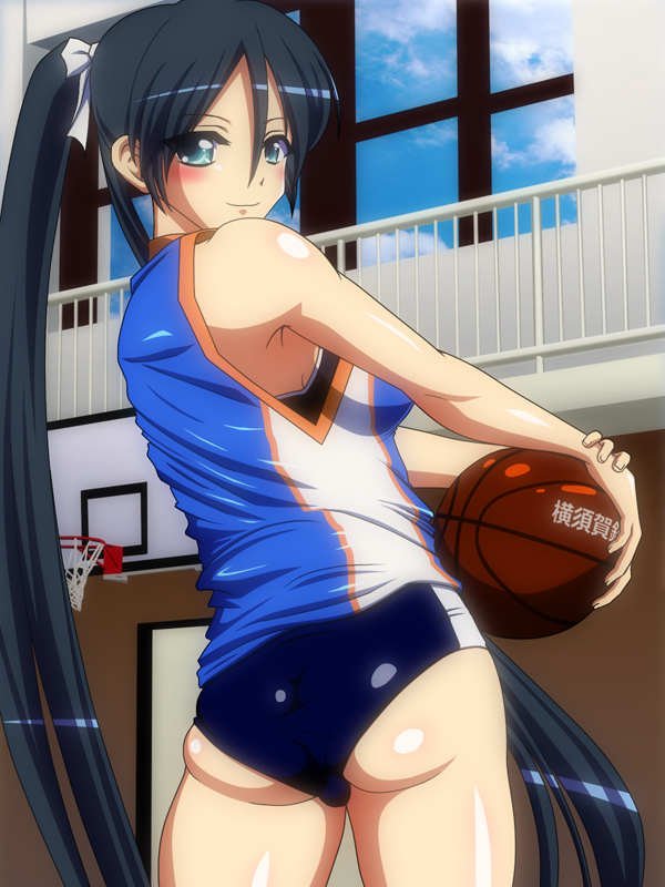 1girl, ass, bare_shoulders, basketball, basketball_court, basketball_uniform, black_hair, blue_eyes
