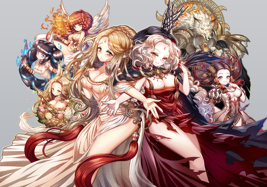 6+girls, absurdres, au&scaron;rinė, black_hair, blonde_hair, blue_eyes, blush, braid, breast_hold, breasts, brown_hair, cape, character_request, cleavage, crying, dress, fire, flower, gabiya, giltine, grey_hair, highres, jewelry, laima, long_hair, monster, multiple_girls, necklace, no_bra, poseich, red_eyes, redhead, saulė, see-through, short_hair, single_braid, smile, torn_clothes, tree_of_savior, twintails, vakarinė, wings