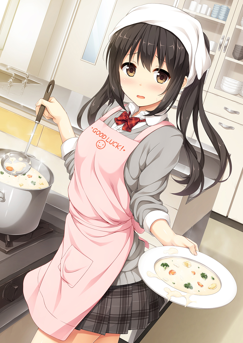 1girl, apron, blush, bow, bowl, bowtie, broccoli, brown_eyes