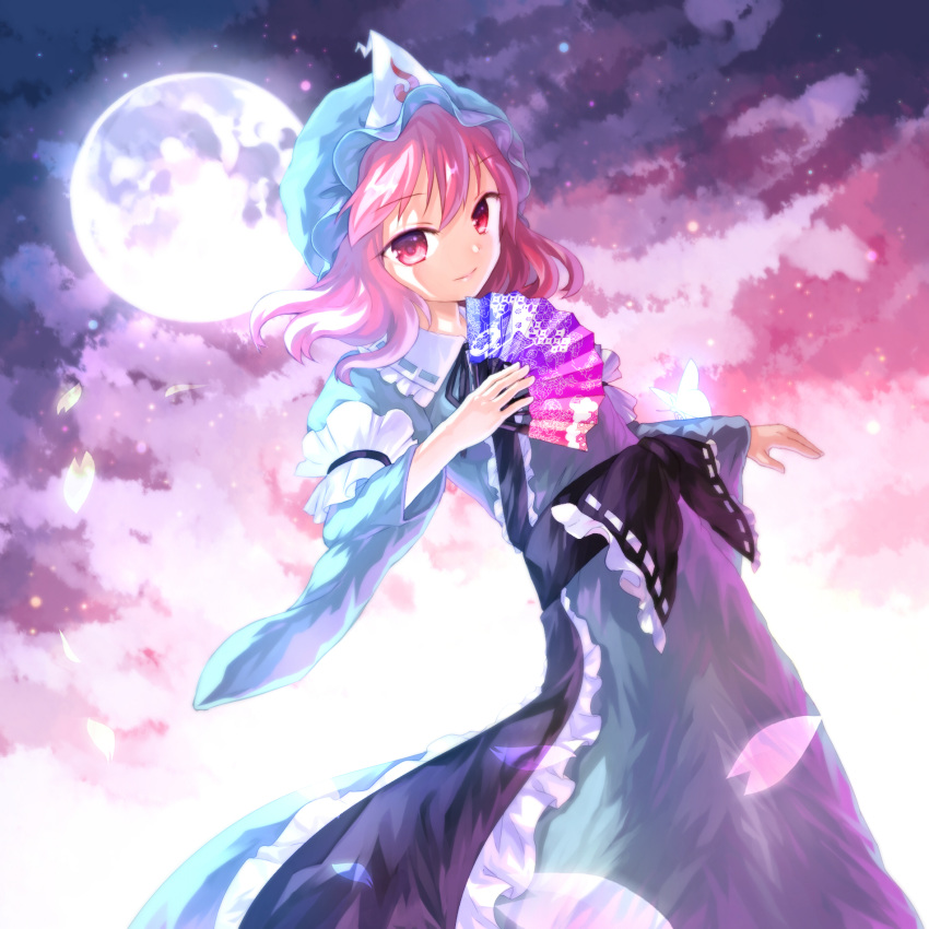 1girl, backlighting, butterfly, clouds, collar, frilled_collar, frills, full_moon