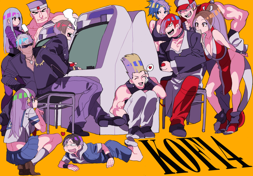 4girls, 6+boys, arcade_cabinet, asamiya_athena, bare_shoulders, baseball_cap, belt, blonde_hair