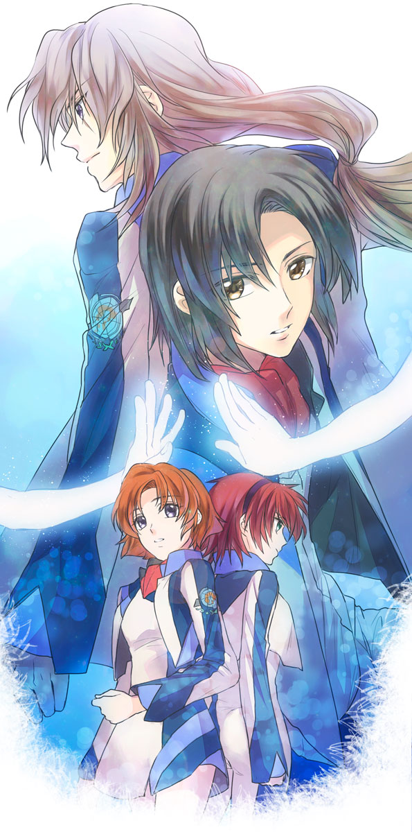 2boys, 2girls, black_hair, brown_eyes, brown_hair, canon_memphis, cropped_jacket, green_eyes