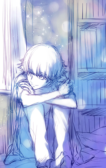 1boy, kaburagi_sui, looking_out_window, looking_to_the_side, monochrome, on_bed, pillow, short_hair