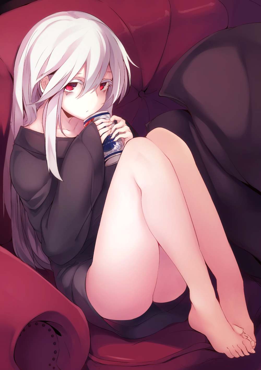 1girl, bags_under_eyes, bangs, barefoot, can, collarbone, couch, expressionless, eyebrows, feet, haegiwa, hair_between_eyes, highres, indoors, legs, long_hair, looking_at_viewer, naked_sweater, original, pillow, red_eyes, sidelocks, sitting, sleeves_past_wrists, solo, sweater, white_hair