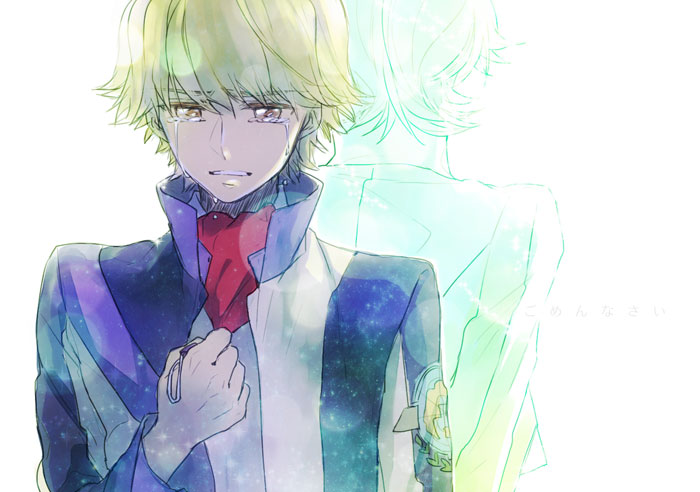 1boy, 1girl, back-to-back, blonde_hair, brother_and_sister, brown_eyes, charm_(object), crying