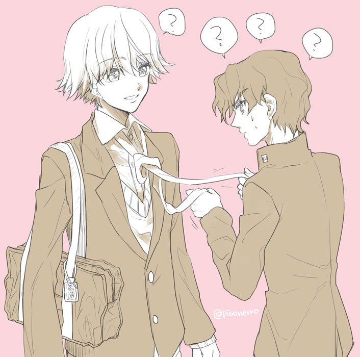 2boys, ?, alternate_costume, bag, bag_charm, charm_(object), kaburagi_sui, long_sleeves