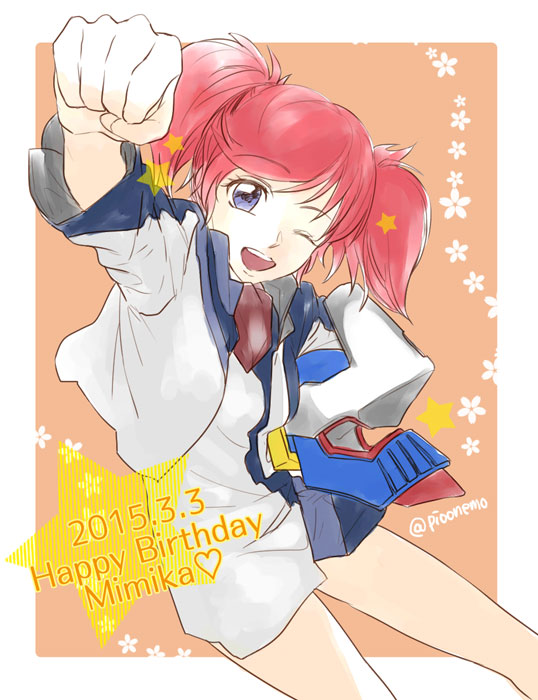 1girl, ;d, blue_eyes, cropped_jacket, dated, flower, happy_birthday, headwear_removed