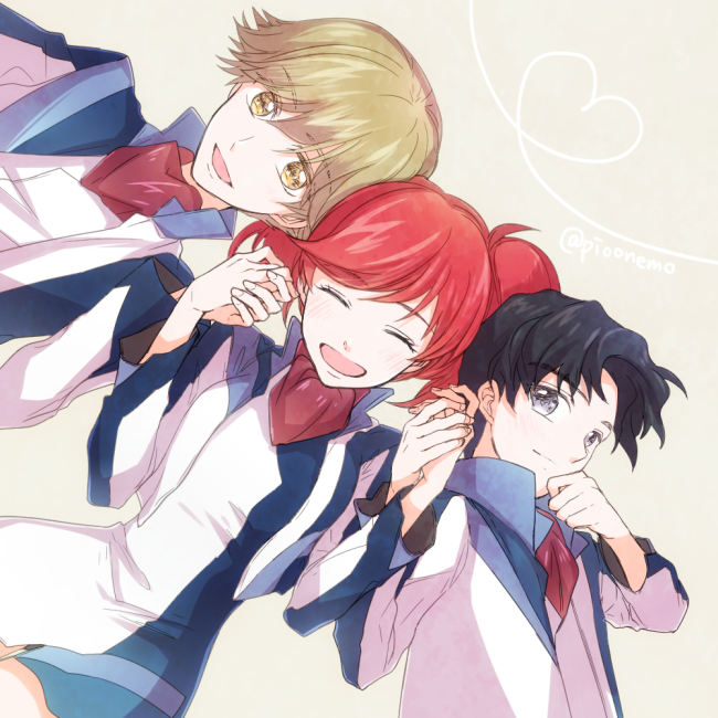1girl, 2boys, :d, ^_^, black_hair, blonde_hair, blush, brown_eyes, closed_eyes, cropped_jacket, friends, grey_background, grey_eyes, heart, holding_hands, jacket, kaburagi_sui, long_sleeves, mikado_reo, mikagami_mimika, multiple_boys, open_mouth, redhead, shiny, shiny_hair, short_hair, short_twintails, skirt, smile, soukyuu_no_fafner, twintails, twitter_username, uniform, wae