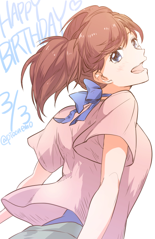 1girl, blue_eyes, bow, breasts, dated, happy_birthday, heart, looking_back