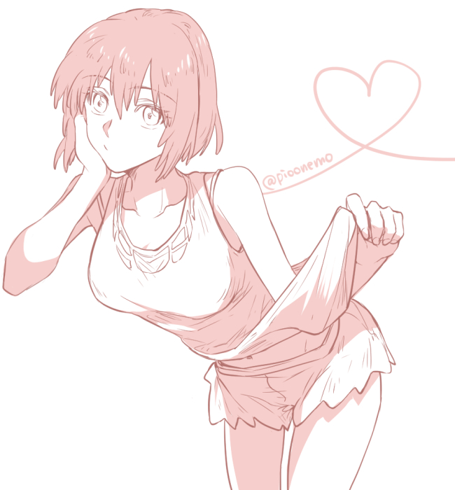1girl, bare_shoulders, bra_strap, breasts, collarbone, heart, looking_at_viewer, monochrome, navel, nishio_rina, shiny, shiny_hair, shirt_tug, short_hair, shorts, solo, soukyuu_no_fafner, tank_top, twitter_username, wae