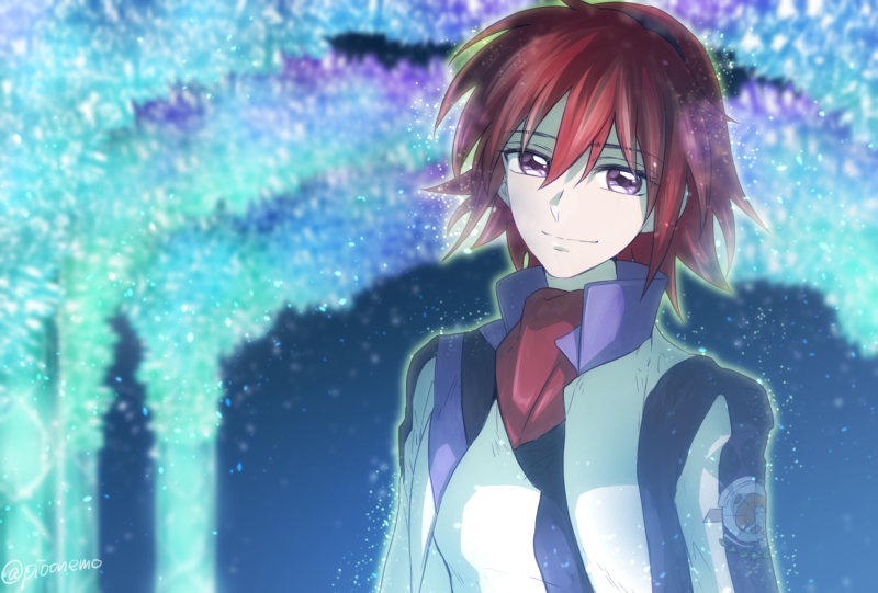 1girl, canon_memphis, crystal, fading, glowing, hairband, jacket, light_particles