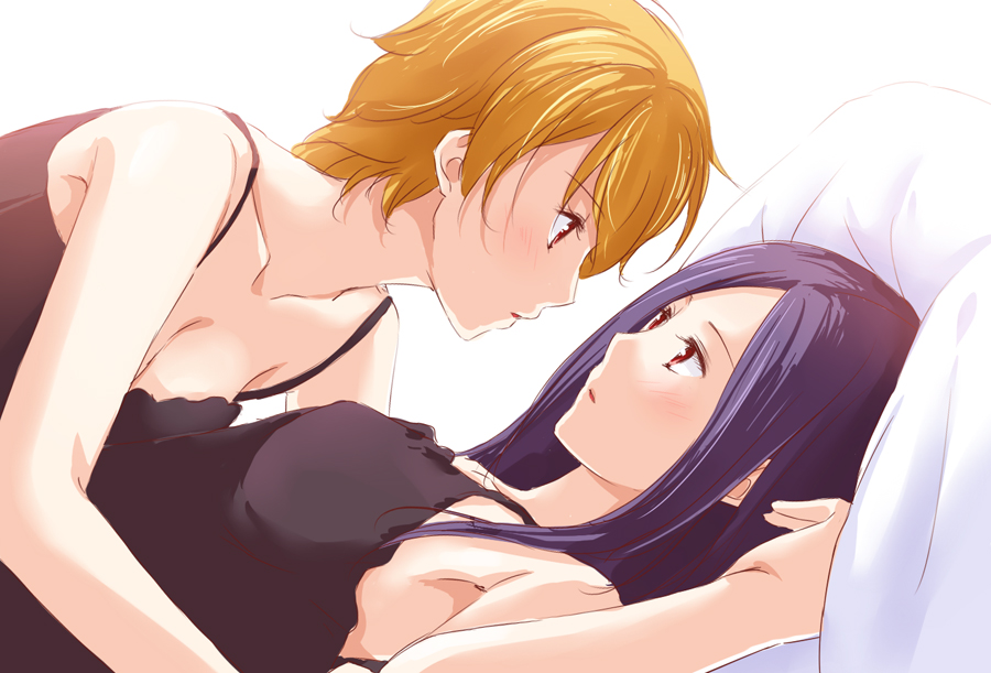 2girls, bangs, blonde_hair, blush, camisole, collarbone, eye_contact, eyebrows