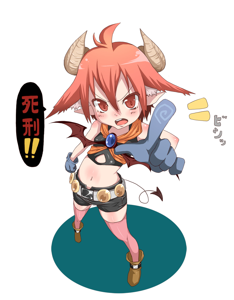belt, chibi, chonbo_(artist), demon_girl, demon_tail, gloves, horns, midriff