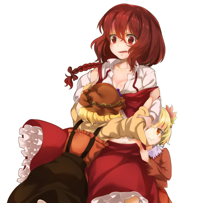 3girls, aki_minoriko, aki_shizuha, blonde_hair, braid, breasts, collarbone, dress