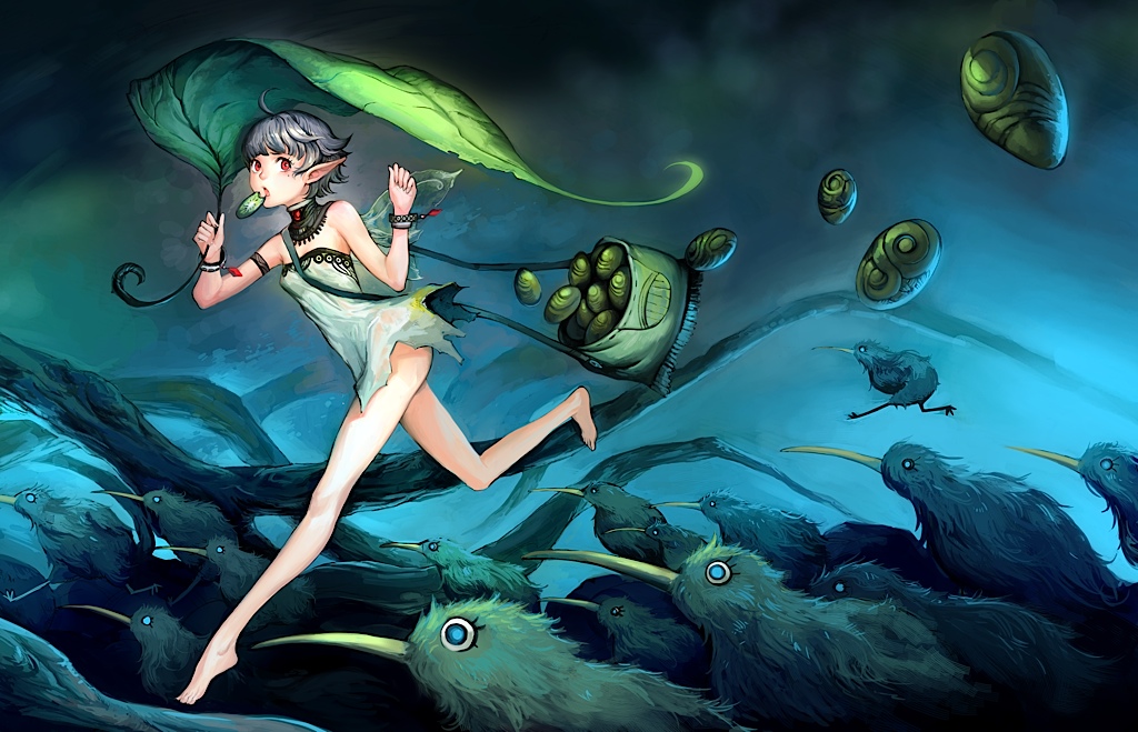 armband, asuka111, bag, barefoot, bird, blue_hair, bottomless, bracelet