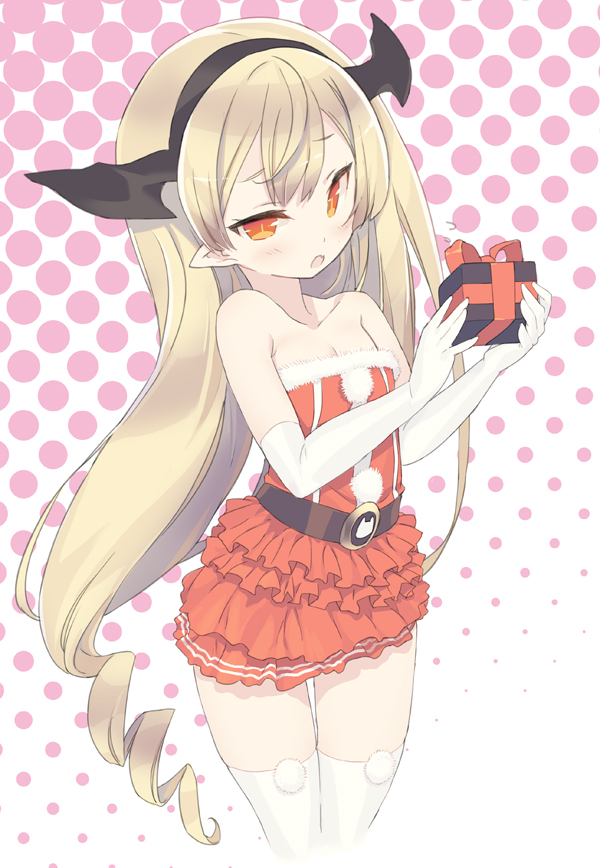1girl, :o, bangs, bare_shoulders, belt, belt_buckle, blade_(galaxist), blonde_hair, blush, bow, box, camilla_regina, cat_print, cowboy_shot, demon_wings, dress, drill_hair, fake_wings, fang, flat_chest, frilled_dress, frills, fur_trim, gift, gift_box, gloves, hairband, halftone, halftone_background, head_wings, holding, layered_dress, long_hair, looking_at_viewer, official_art, open_mouth, orange_eyes, parted_bangs, pointy_ears, pom_pom_(clothes), pop-up_story, raised_eyebrows, red_dress, short_dress, single_vertical_stripe, slit_pupils, solo, standing, strapless, strapless_dress, thigh-highs, thigh_gap, very_long_hair, white_background, white_gloves, white_legwear, wings, zettai_ryouiki