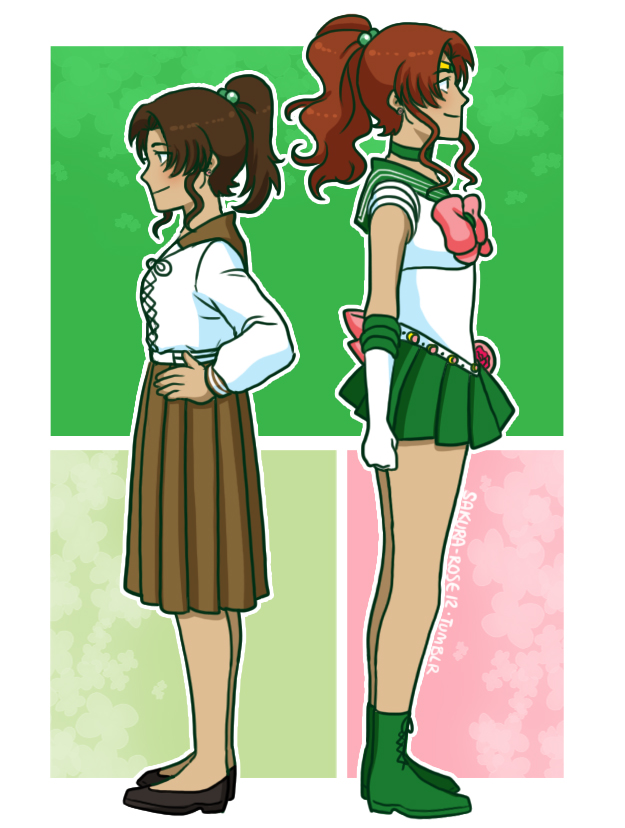 2girls, back-to-back, belt, bishoujo_senshi_sailor_moon, bow, bowtie, brown_hair, buckle