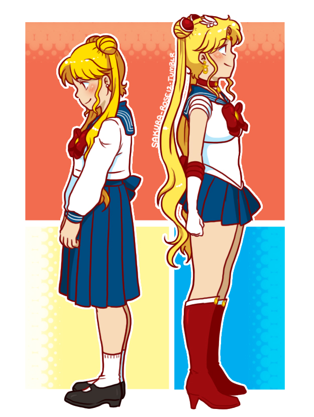2girls, back-to-back, bishoujo_senshi_sailor_moon, blonde_hair, blue_skirt, commentary, dual_persona, full_body, high_heels, long_hair, long_sleeves, mary_janes, miniskirt, multiple_girls, pleated_skirt, sailor_collar, sailor_moon, sakurarose12, school_uniform, serafuku, shirt, shoes, short_sleeves, skirt, standing, tsukino_usagi, twintails, very_long_hair, w.i.t.c.h., watermark, web_address, white_shirt