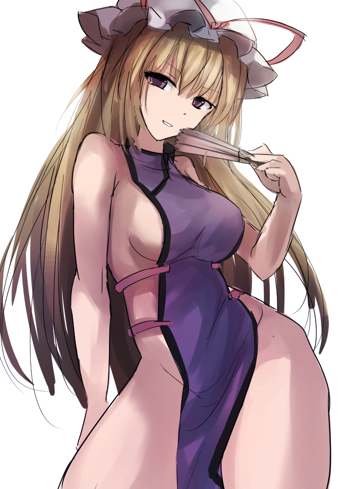 1girl, bare_shoulders, blonde_hair, breasts, commentary_request, dress, fan, folding_fan