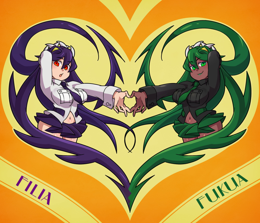 2girls, arm_up, artist_request, breasts, character_name, cropped_legs, dark_skin, eyeshadow