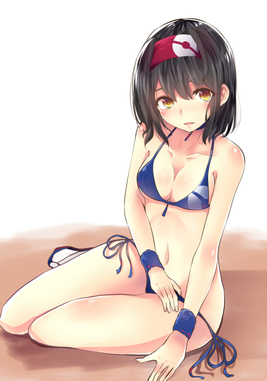 1girl, bare_shoulders, bikini, black_hair, body_blush, breasts, brown_eyes, choker