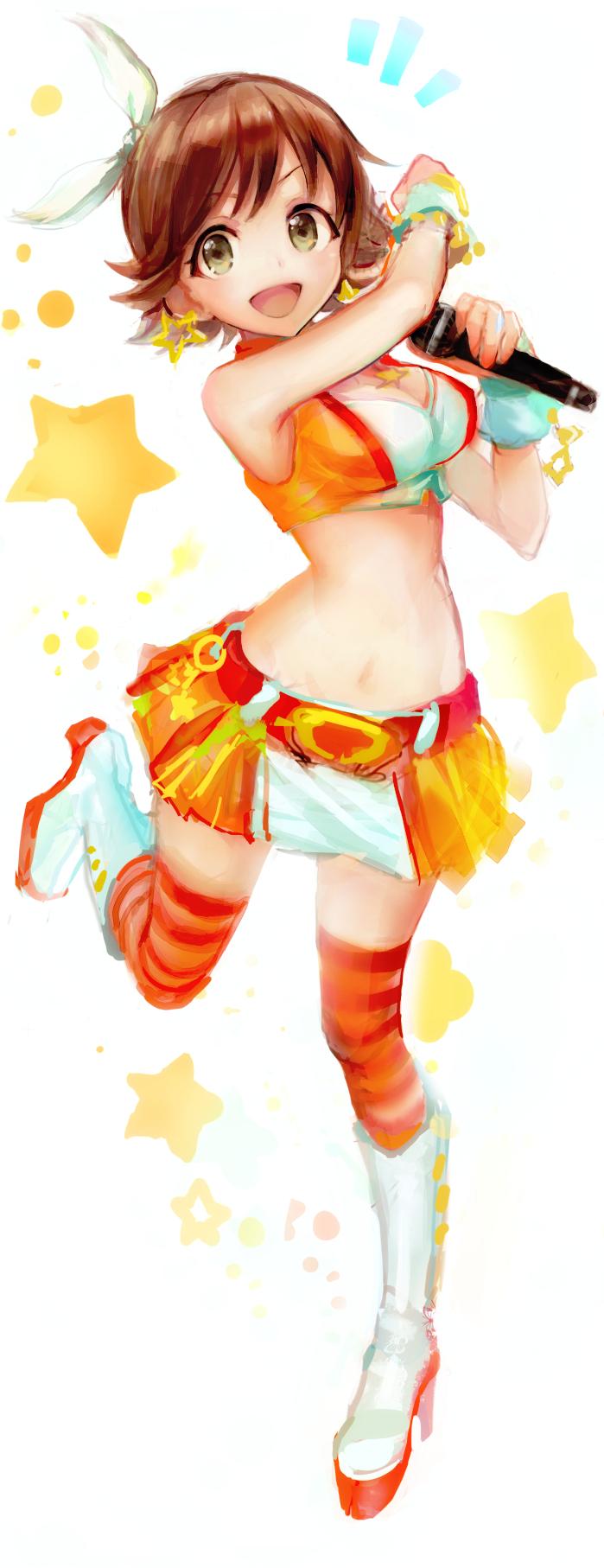 1girl, breasts, brown_eyes, brown_hair, cleavage, earrings, highres, honda_mio