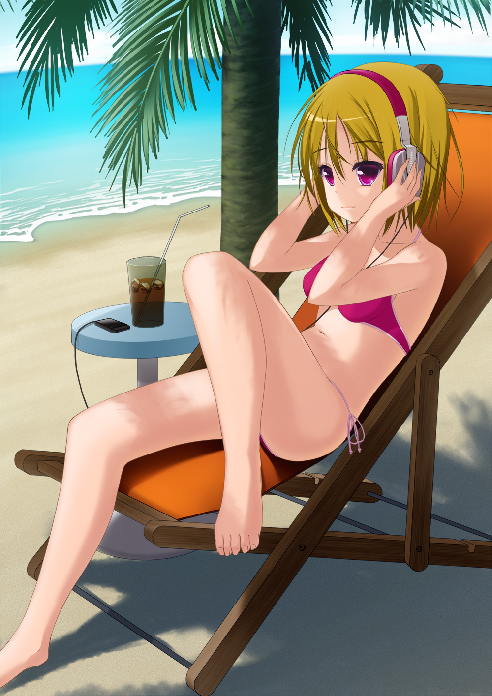 1girl, beach, bikini, blonde_hair, digital_media_player, drink, headphones, highres