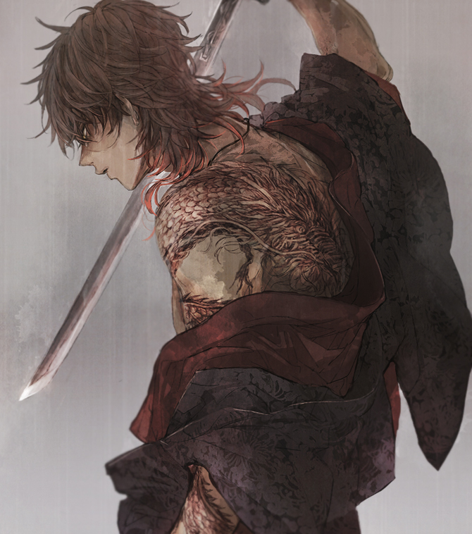 1boy, aiming, arm_up, back_tattoo, bangs, bare_shoulders, brown_hair, dark_skin