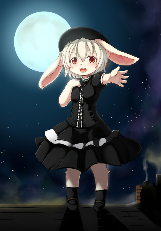 animal_ears, rabbit_ears, dress, furry, hat, ka_(pixiv341010), moon, night, open_mouth, reaching, red_eyes, roof, smile, stars, white_hair