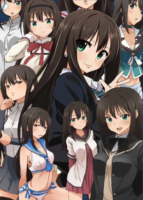 1girl, akemi_homura, akemi_homura_(cosplay), amagami, animal_ears, asashio_(kantai_collection), asashio_(kantai_collection)_(cosplay), ayatsuji_tsukasa_(cosplay), bikini, black_hair, blush, breasts, brown_hair, cardcaptor_sakura, cardigan, cosplay, eyepatch, front-seamed_legwear, gloves, green_eyes, hand_on_own_chest, hat, idolmaster, idolmaster_cinderella_girls, kantai_collection, long_hair, look-alike, mahou_shoujo_madoka_magica, maya_(kantai_collection), maya_(kantai_collection)_(cosplay), midriff, military, military_uniform, mitakihara_school_uniform, navel, necktie, open_mouth, pantyhose, remodel_(kantai_collection), sailor_swimsuit_(idolmaster), sakamoto_mio, sakamoto_mio_(cosplay), school_uniform, seamed_legwear, serafuku, shibuya_rin, shift_(waage), skirt, smile, solo, strike_witches, suspenders, swimsuit, tail, uniform, yuru_yuri