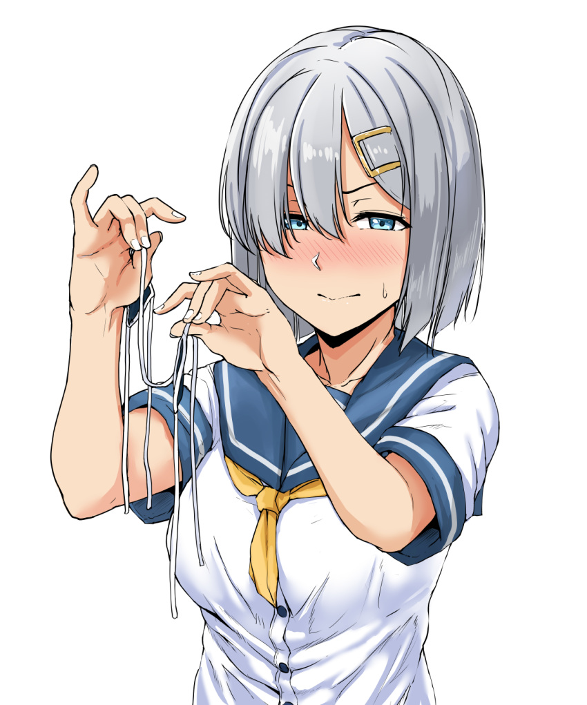 1girl, blue_eyes, blush, breasts, buttons, chizurusou_(tiduru_39), disapproving_stare, eyes_visible_through_hair