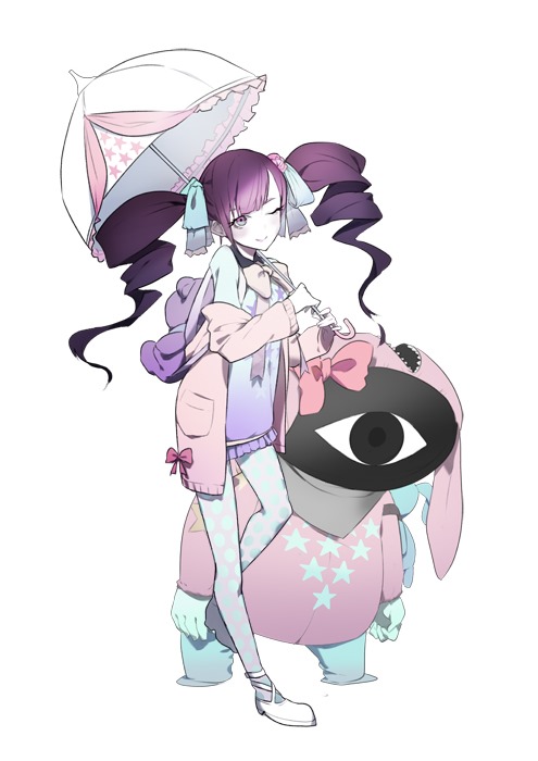1girl, blue_eyes, caligula_(game), creature, drill_hair, eyeball, full_body, jacket