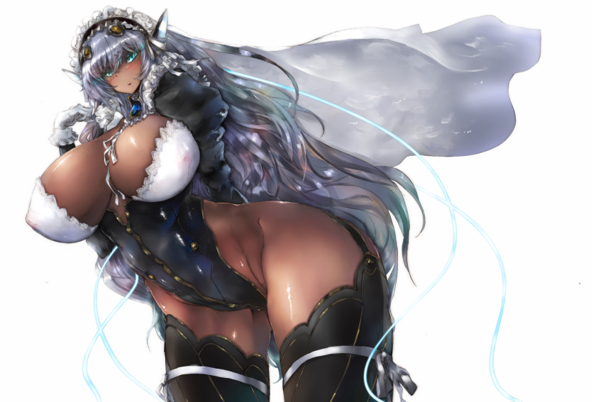 1girl, blue_eyes, breasts, dark_skin, glowing, glowing_eyes, gond, hoshizora_no_babylon