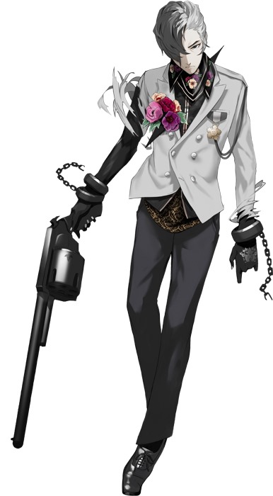1boy, black_skin, buttons, caligula_(game), cuffs, flower, formal, gloves
