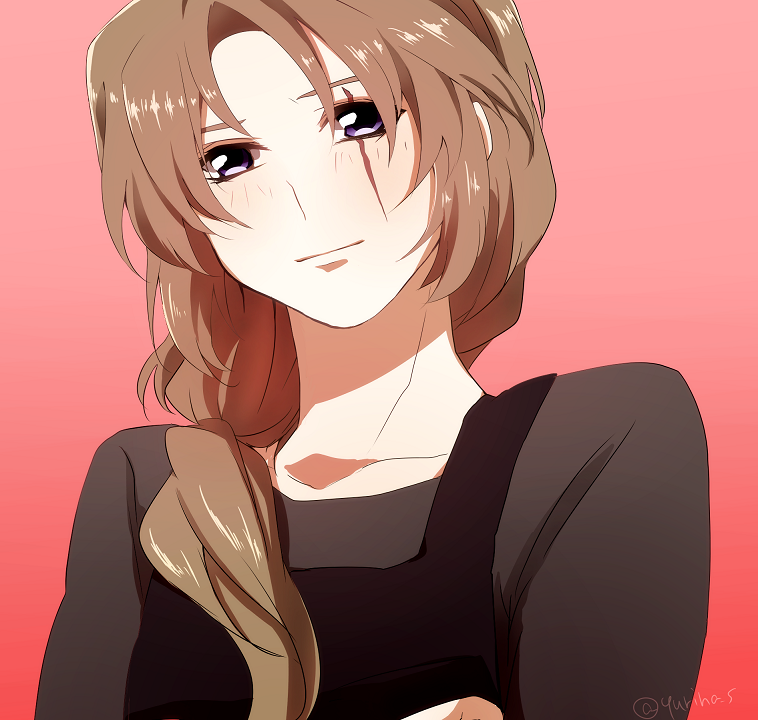 1boy, apron, blush, brown_hair, collarbone, crossed_arms, gradient, gradient_background