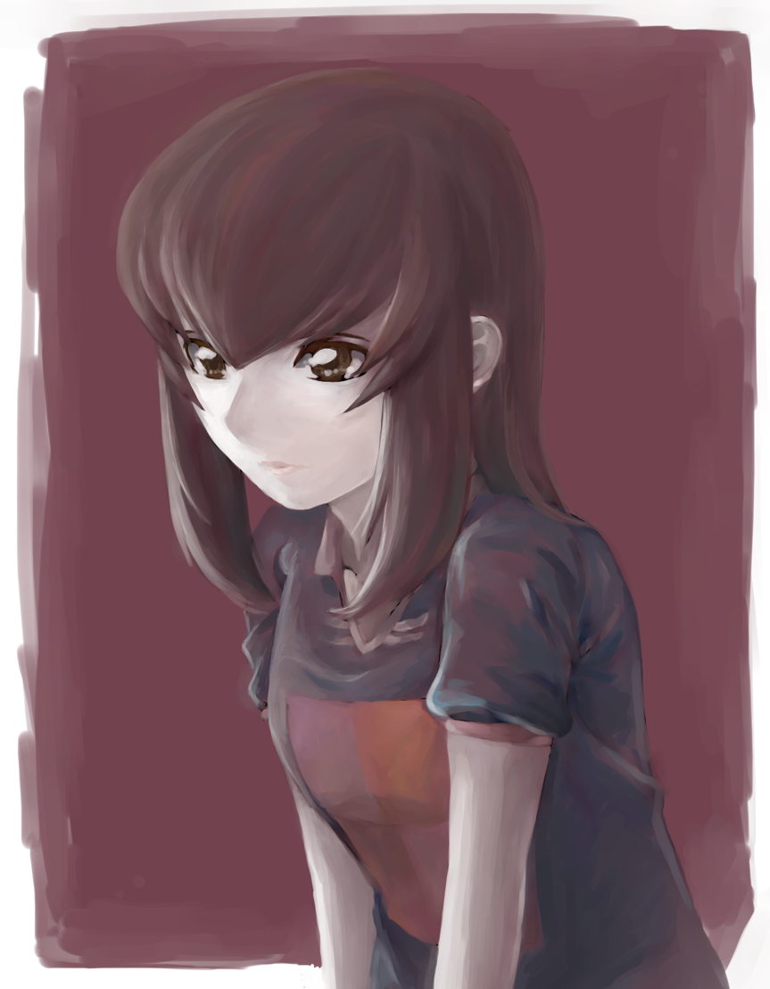 1girl, black_hair, brown_background, brown_eyes, hirota_(sankai-zuke02), lips, short_hair, short_sleeves
