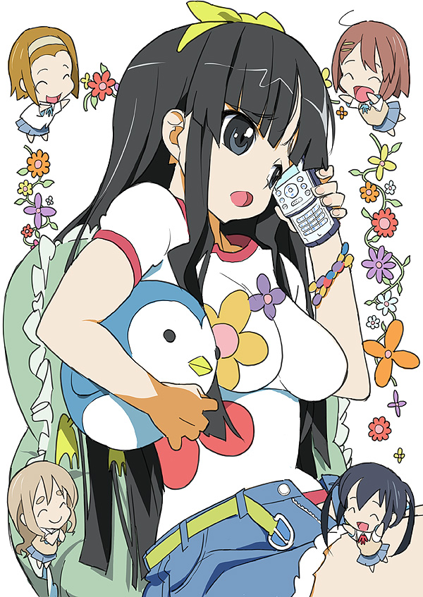 akiyama_mio, bird, black_eyes, black_hair, breasts, casual, cellphone, chibi