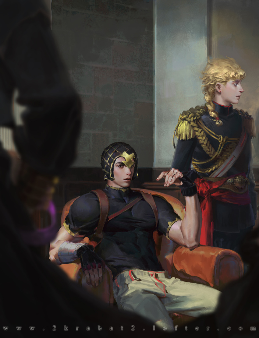 2boys, black_eyes, blonde_hair, blurry, braid, chair, depth_of_field, earrings