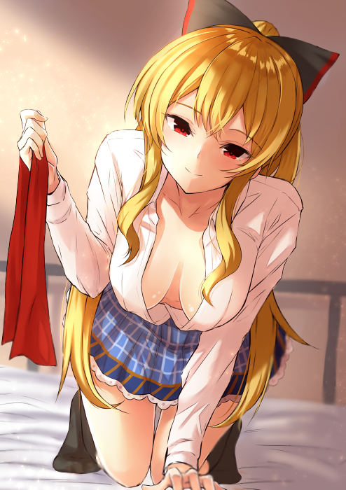 1girl, all_fours, bangs, black_bow, black_legwear, blonde_hair, blush, bokokichi_(you)
