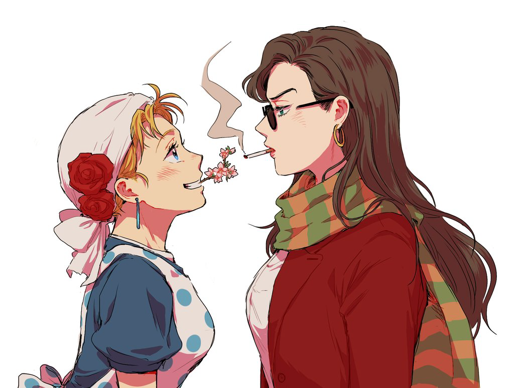 2girls, apron, blonde_hair, blue_eyes, brown_hair, cigarette, earrings, flower