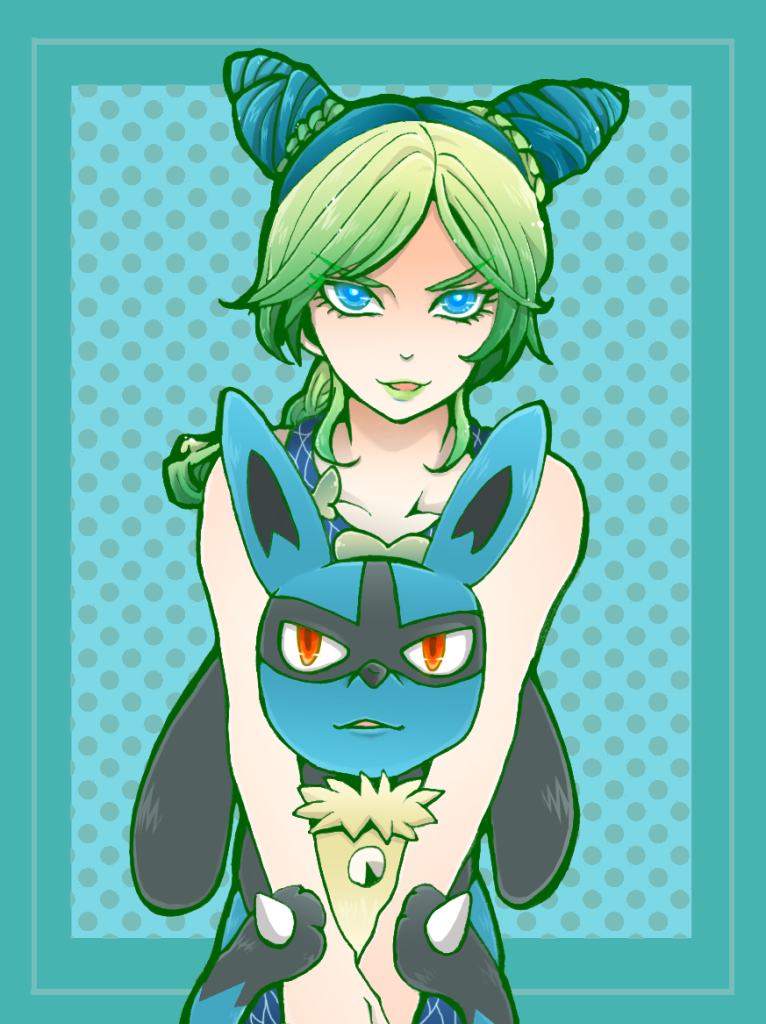 1girl, blue_eyes, blue_hair, collarbone, double_bun, green_hair, green_lipstick, hug, hug_from_behind, jojo_no_kimyou_na_bouken, kuujou_jolyne, lipstick, lucario, makeup, multicolored_hair, orange_eyes, pokemon, pokemon_(creature), polka_dot, polka_dot_background, two-tone_hair, yoshinamiuijin