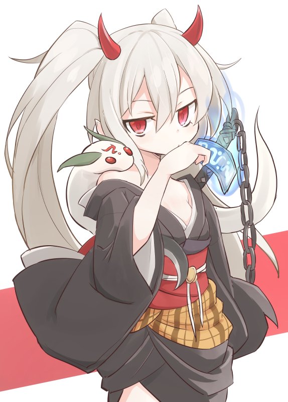 1girl, albino, blue_fire, breasts, chain, commentary_request, cowboy_shot, duel_monster