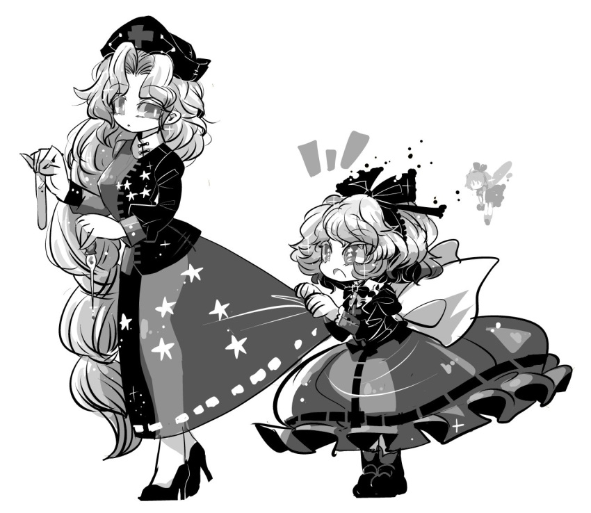 /\/\/\, 2girls, bow, bowtie, braid, dropper, eyebrows, eyebrows_visible_through_hair