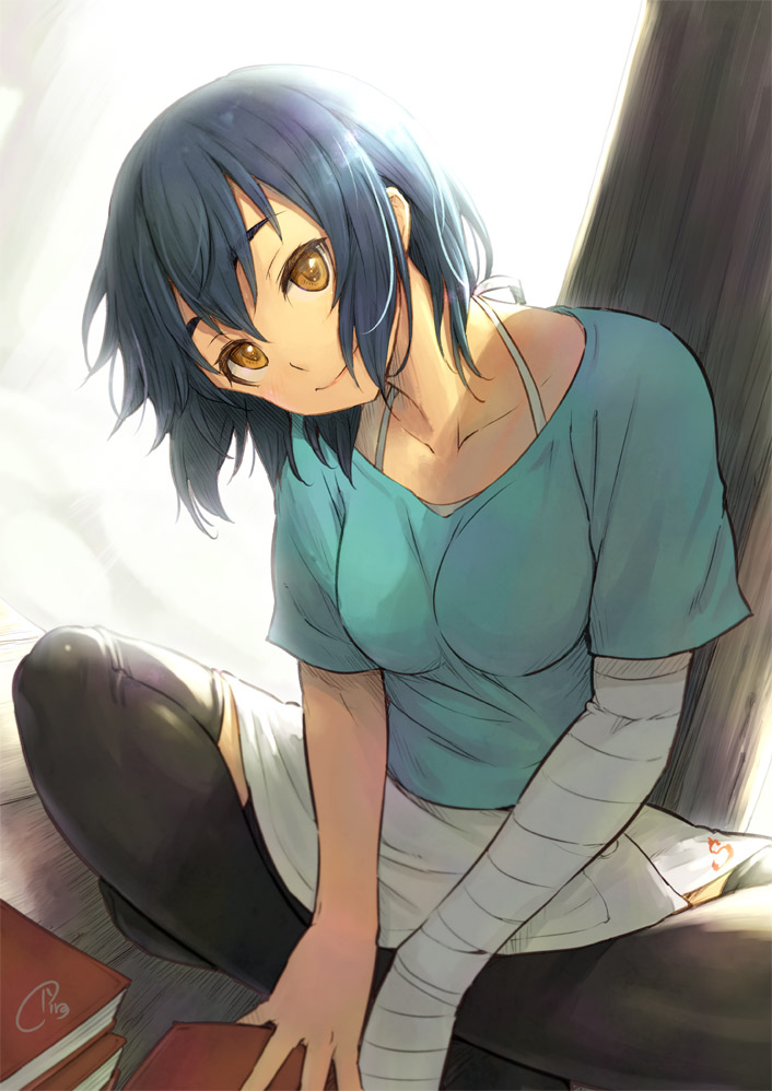 1girl, black_legwear, blue_hair, book, book_stack, breasts, collarbone, head_tilt
