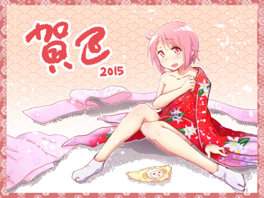 1girl, 2015, hirame_guard, japanese_clothes, kikkoumon, new_year, nonohara_yuzuko, pink_hair